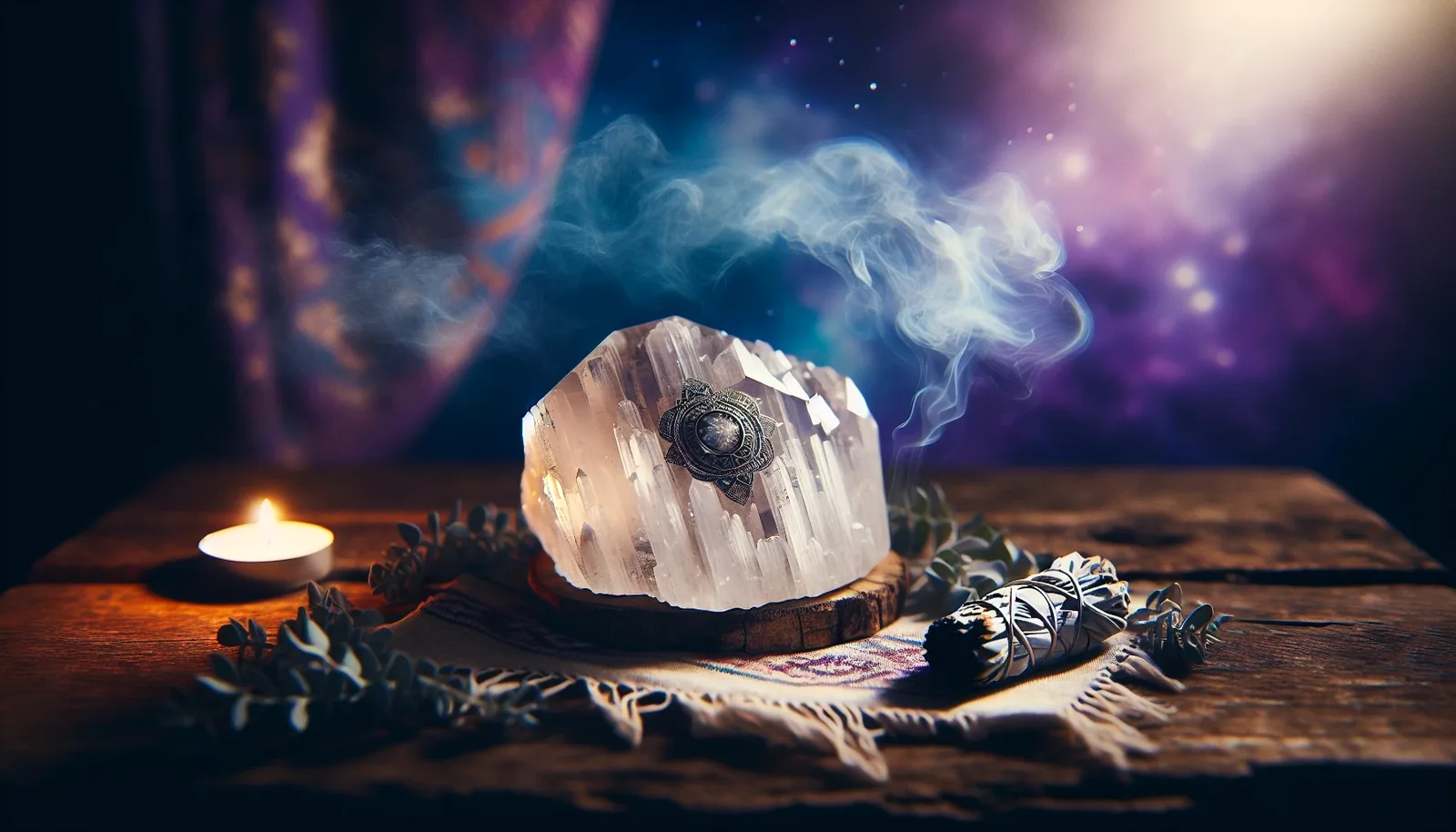 Selenite crystal with dried herbs for smudging