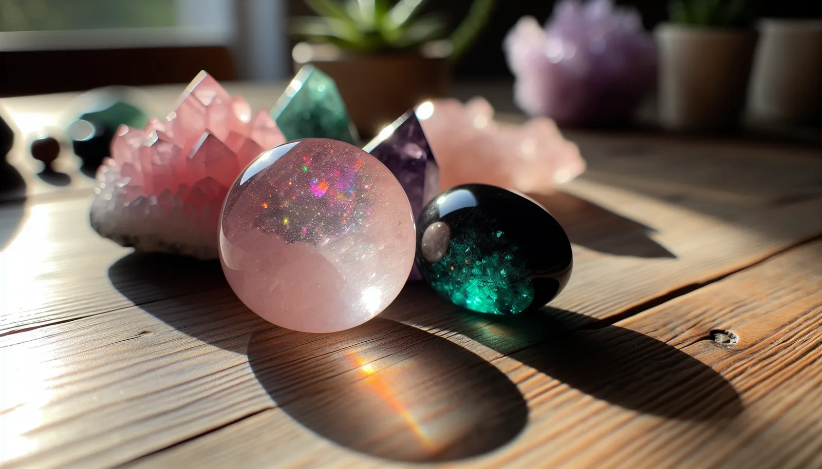 Various sun safe crystals including rose quartz and black obsidian