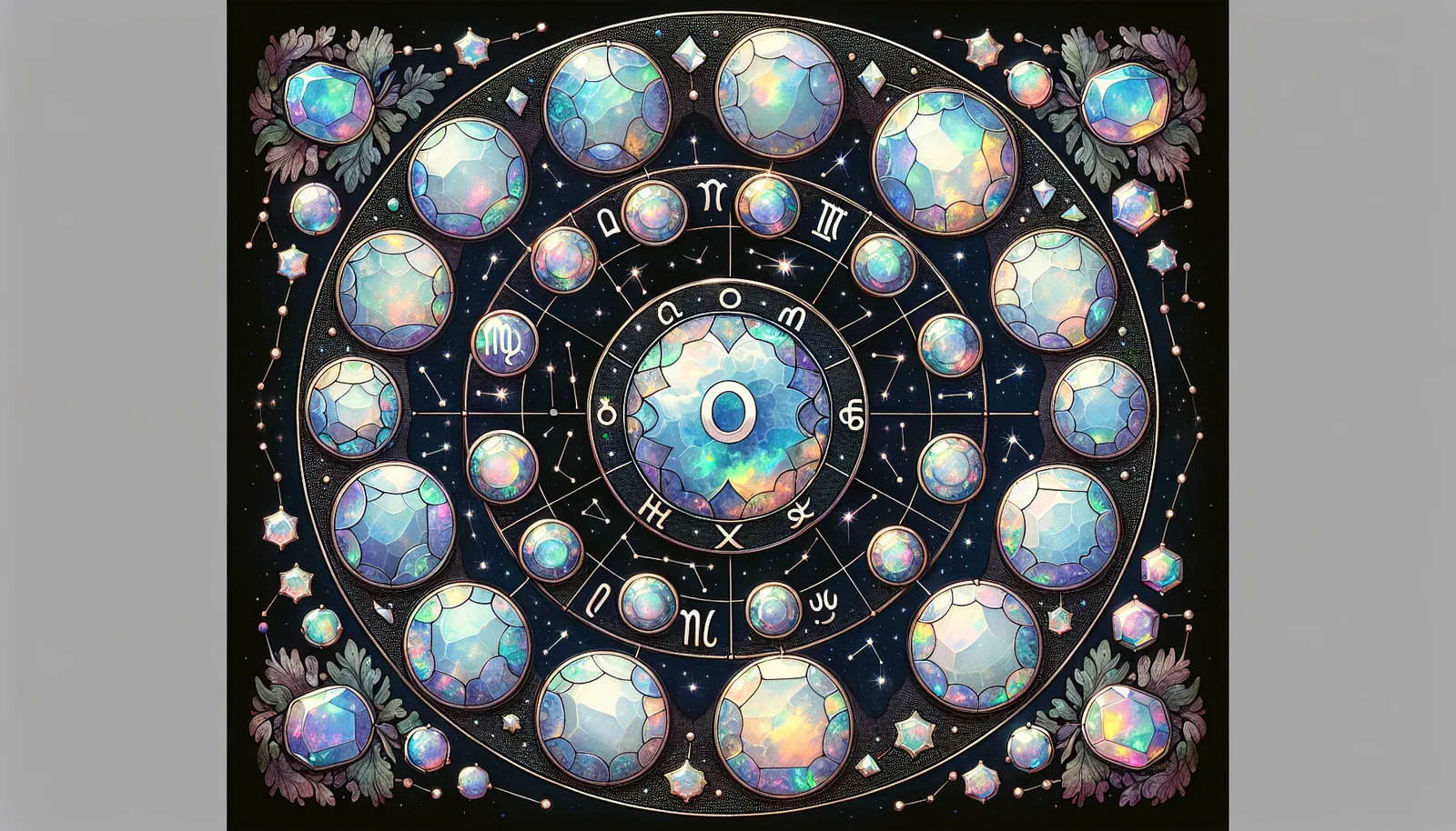 An artistic depiction of zodiac signs with opal gemstones.