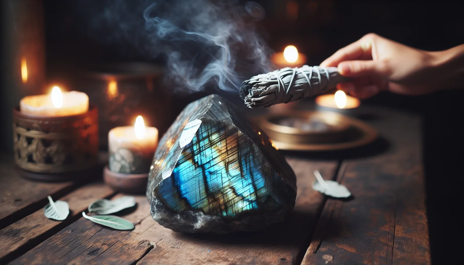 Labradorite crystal being cleansed with sage
