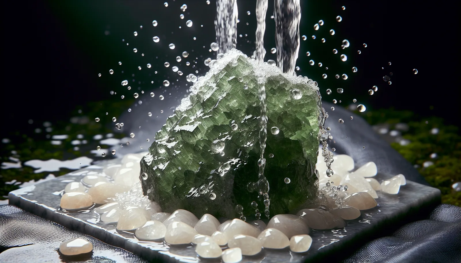 Moldavite being cleansed under running water