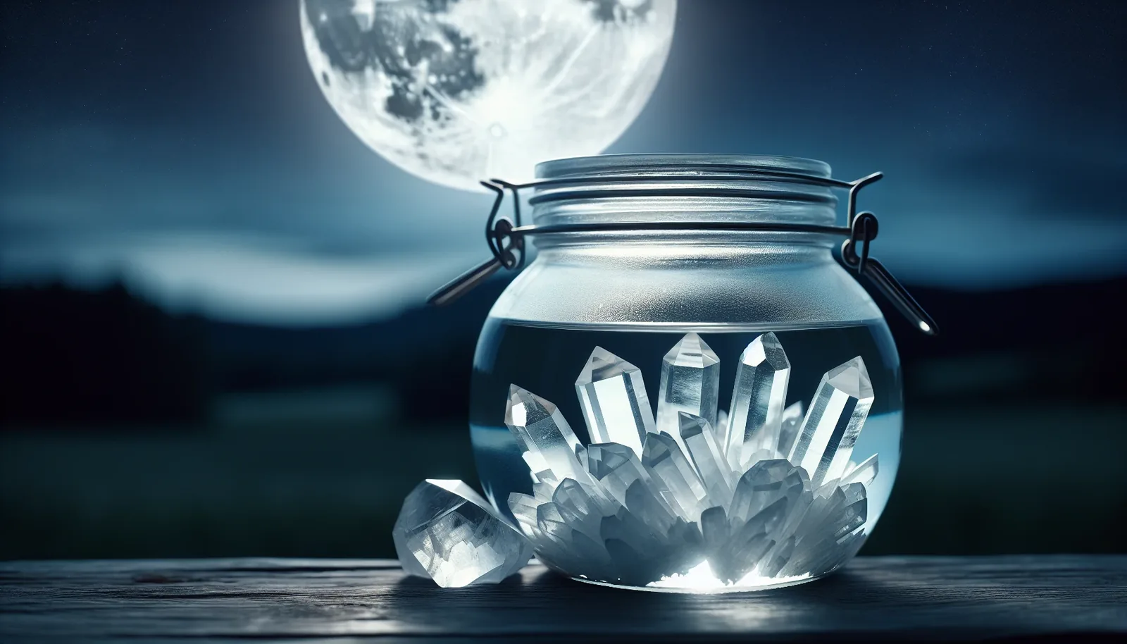 Clear quartz in container during full moon