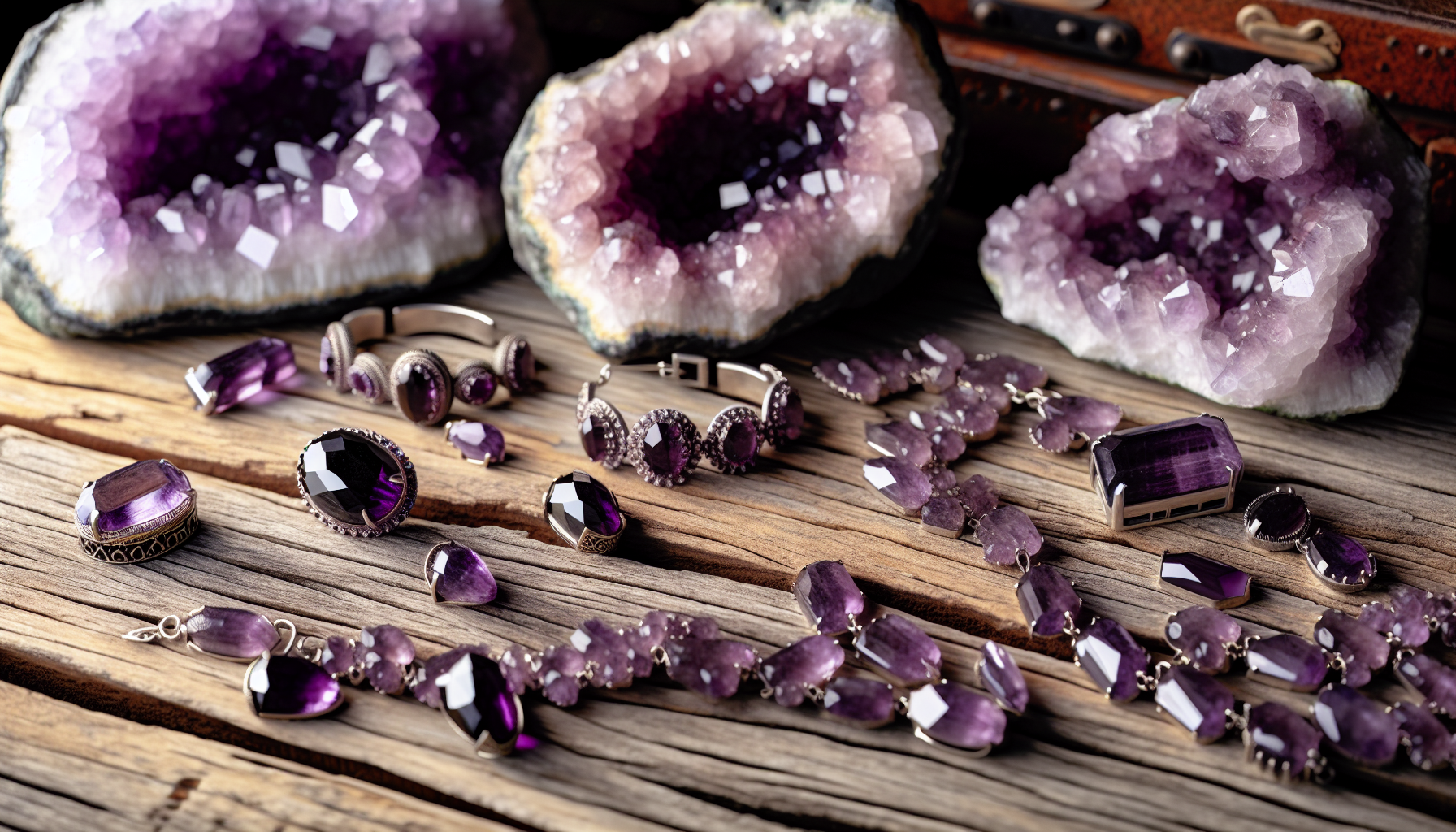Amethyst jewelry and crystals