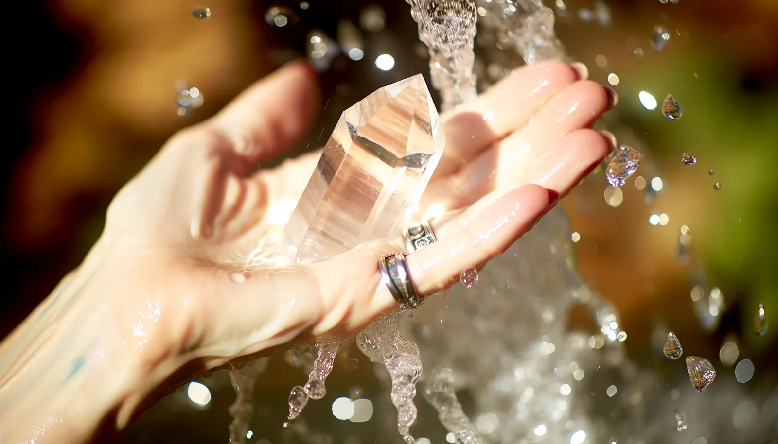 Clear quartz crystal being cleansed with water