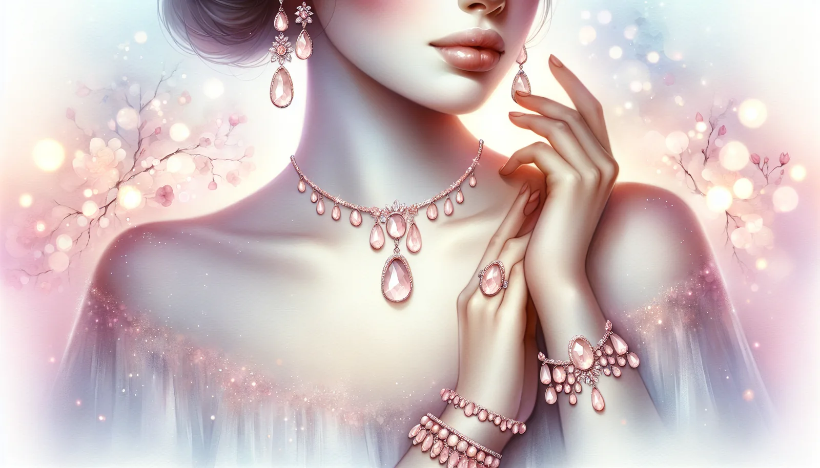 An illustration showing different ways to wear rose quartz, including earrings and necklaces.