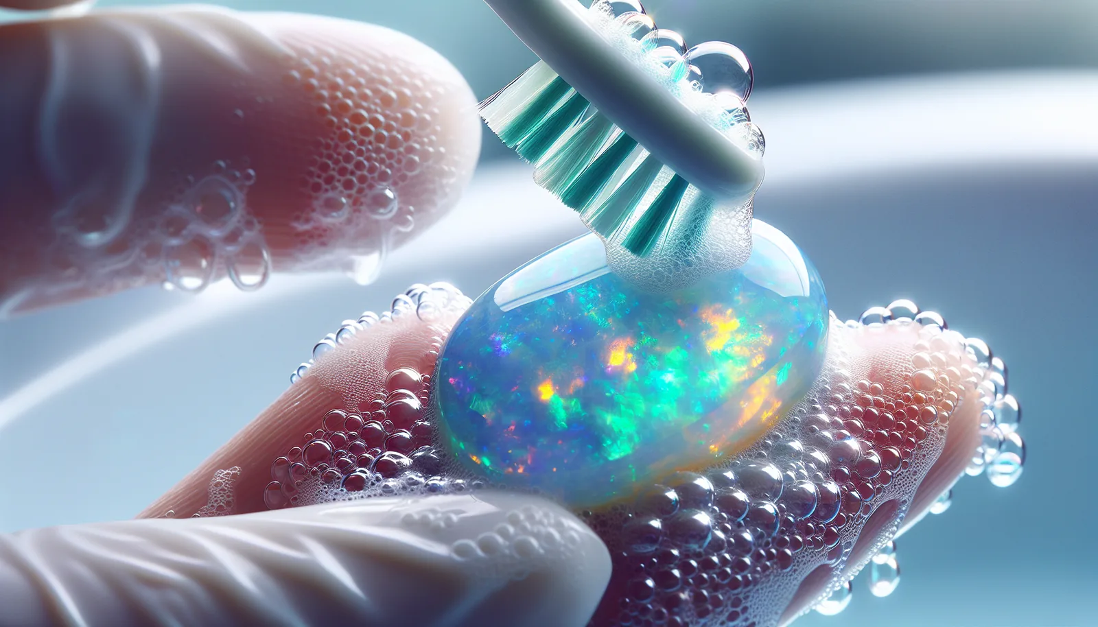 Opal doublet being gently cleaned with mild detergent and a soft toothbrush