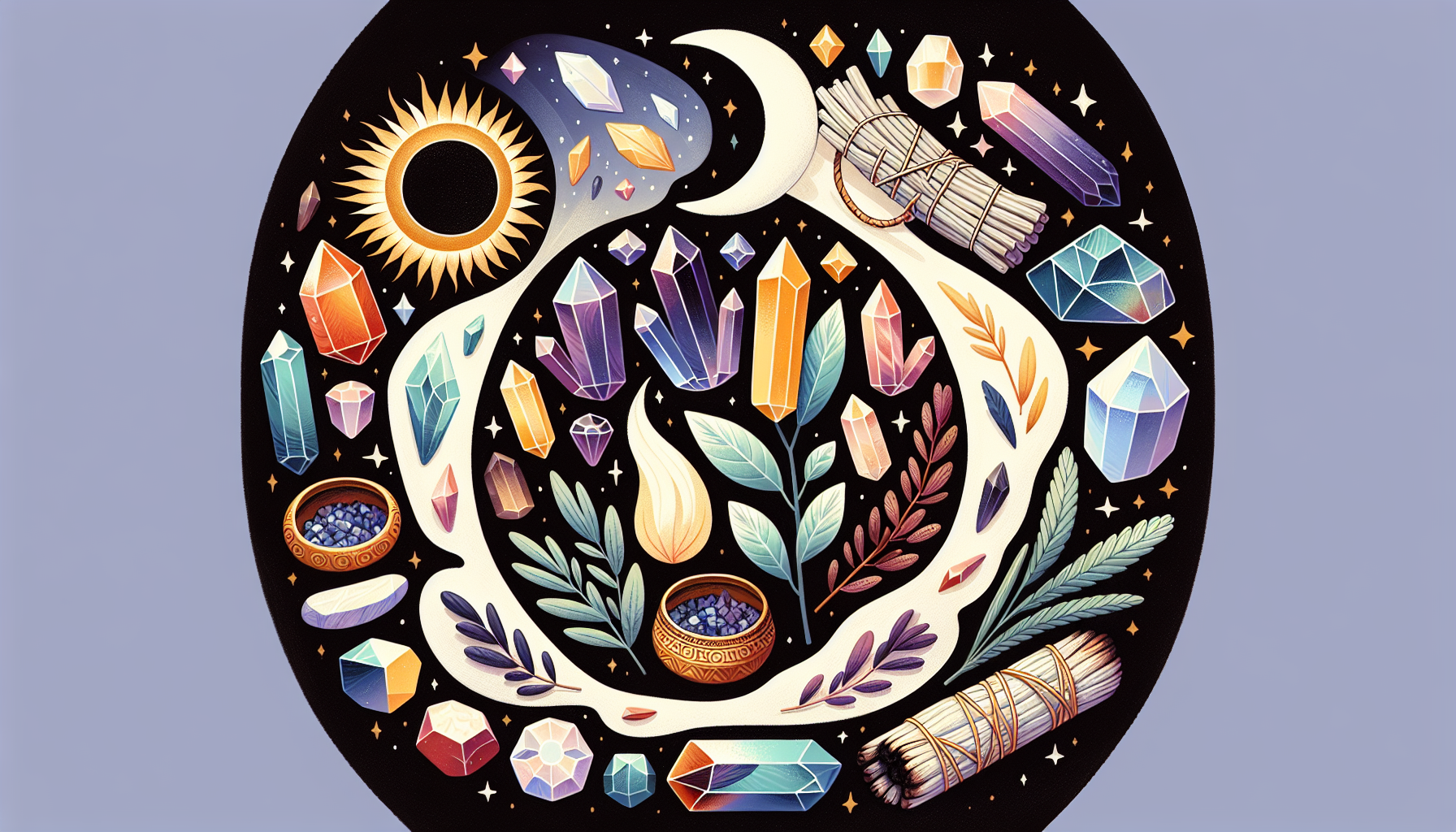 Variety of alternative crystal cleansing methods including sound and vibration techniques, lunar and solar energy, and smudging rituals