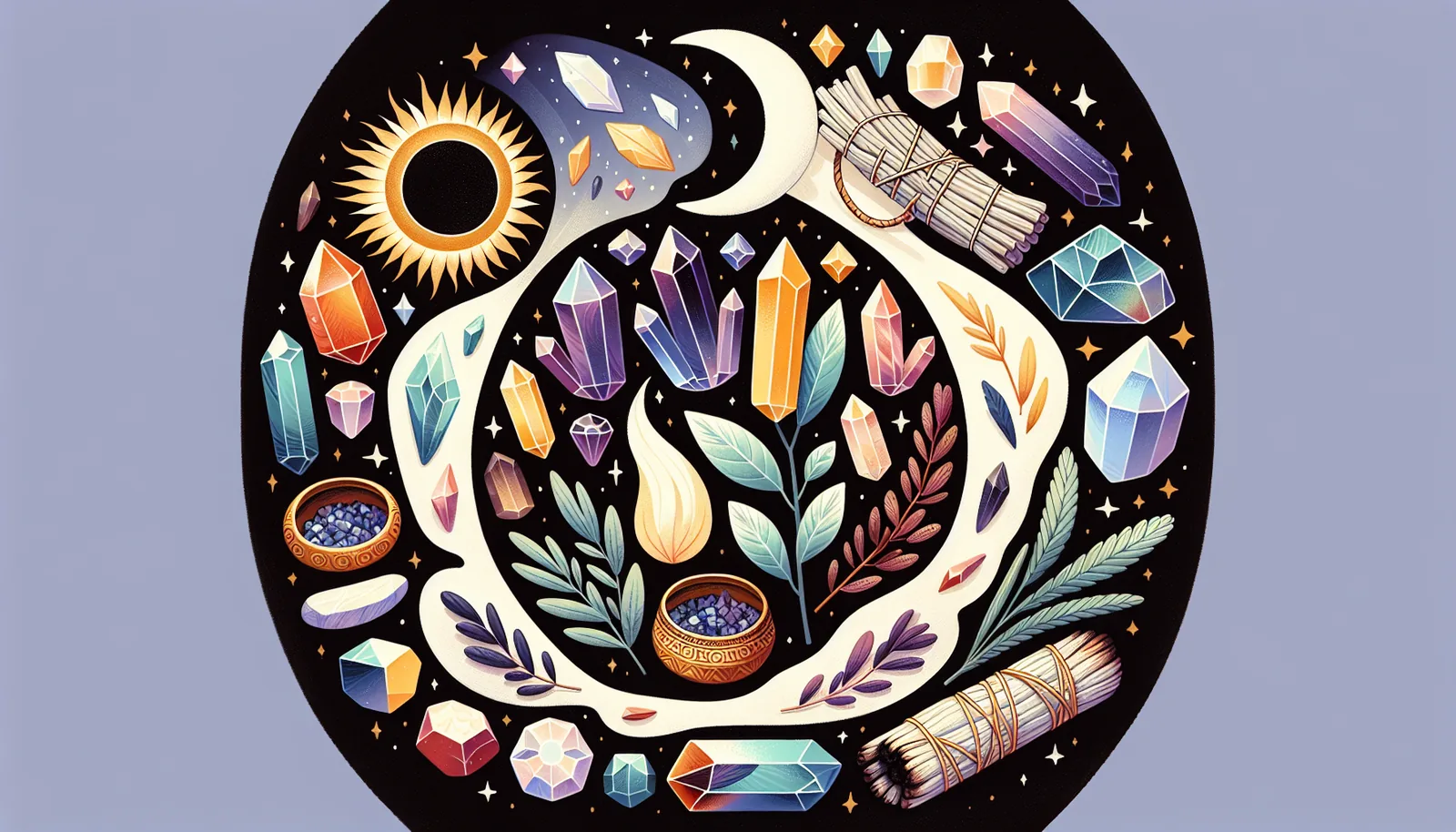 Variety of alternative crystal cleansing methods including sound and vibration techniques, lunar and solar energy, and smudging rituals