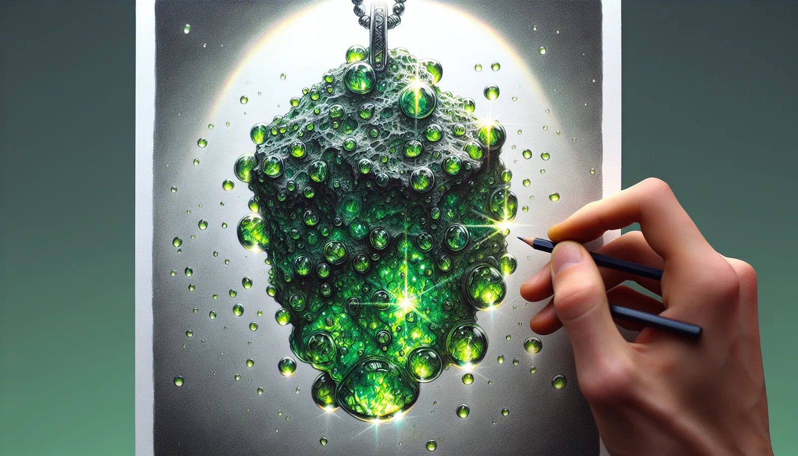 Moldavite pendant with water droplets