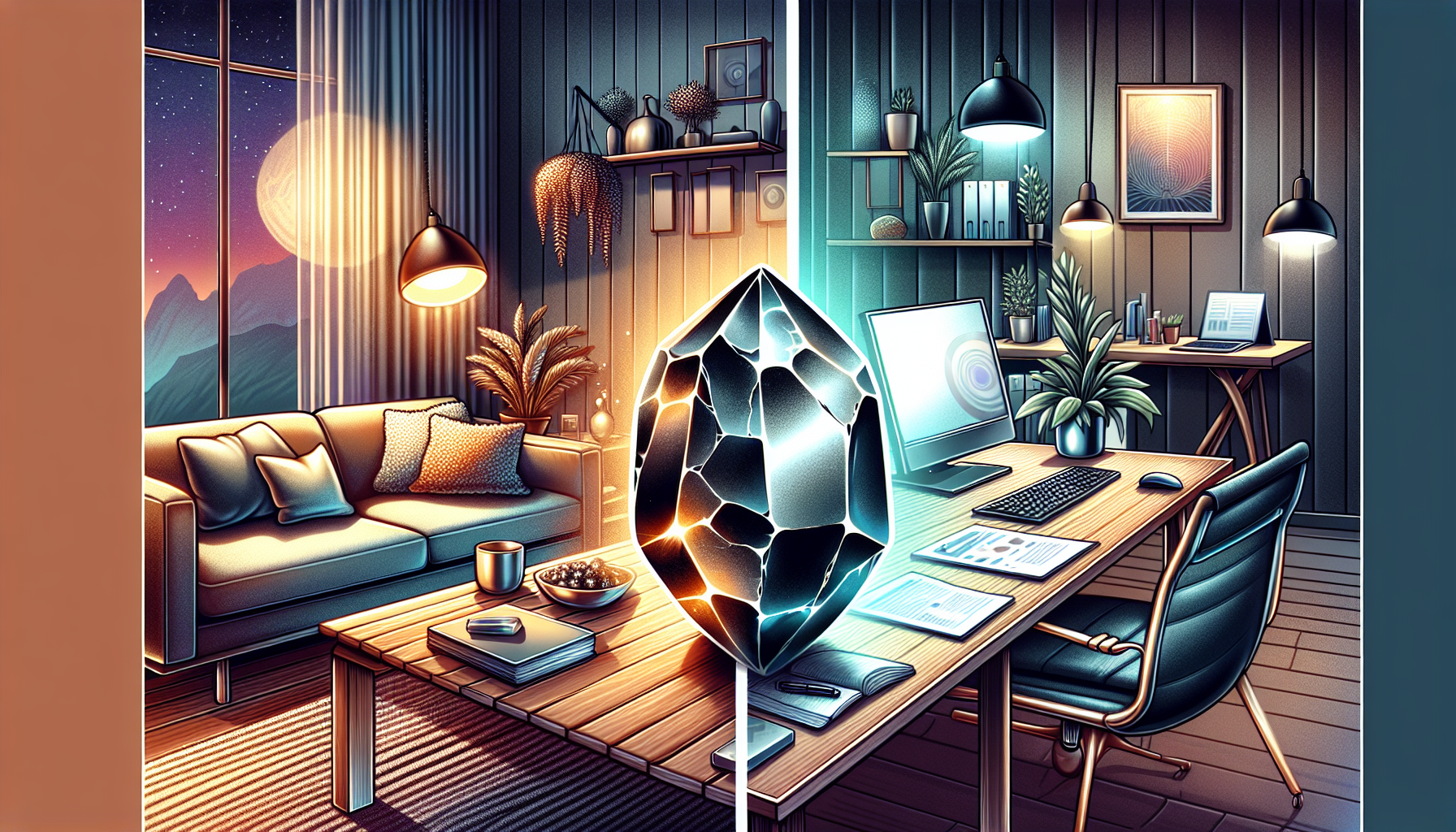 Illustration of hematite placed in a home and workplace setting