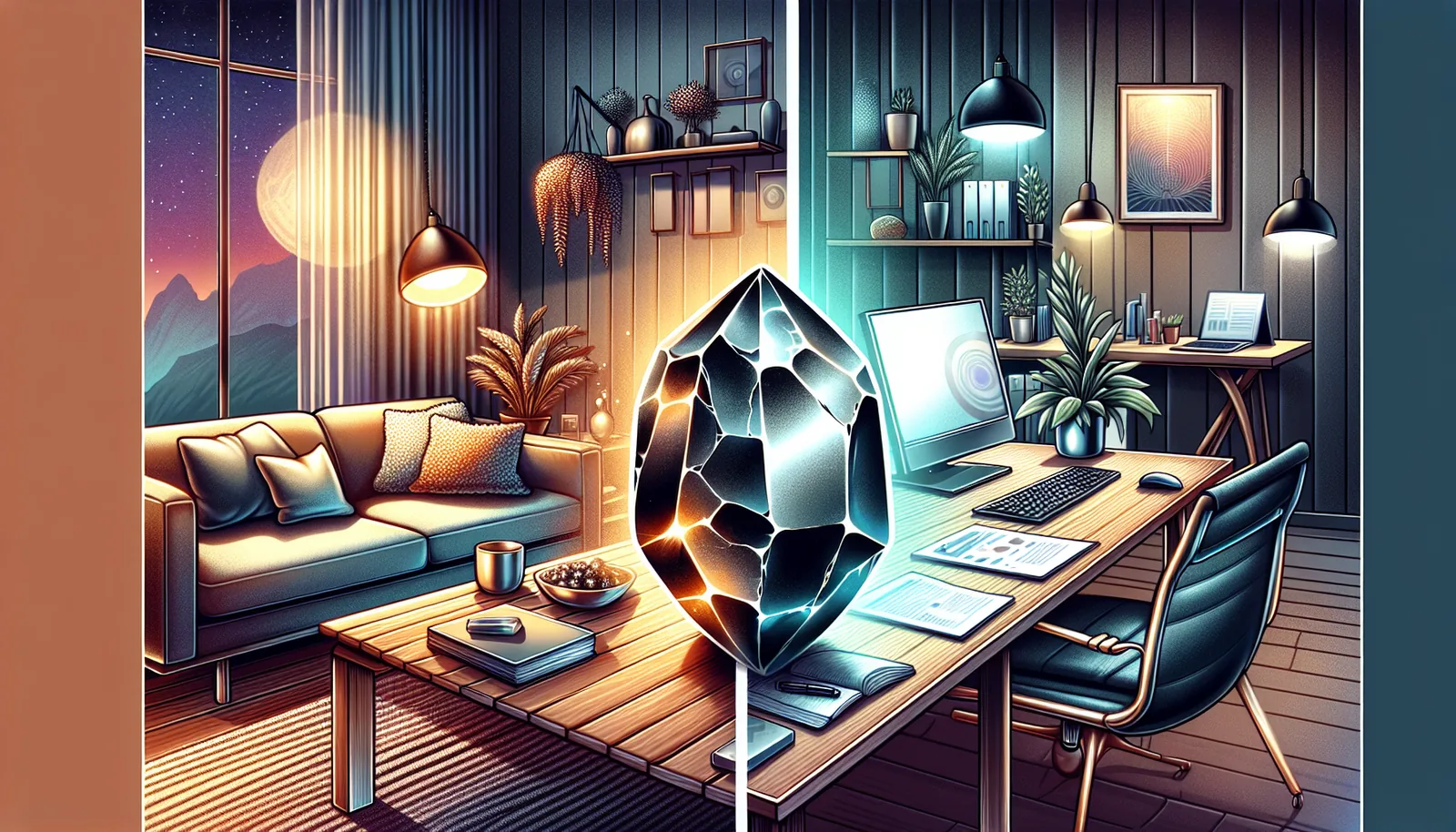 Illustration of hematite placed in a home and workplace setting