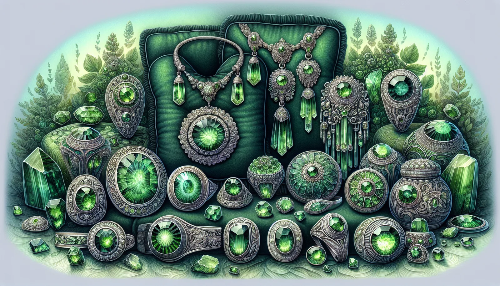 Illustration of moldavite jewelry and decorative items