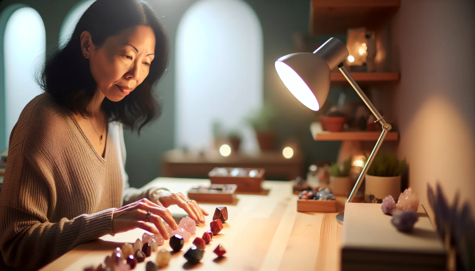 Person working with Ruby, Sunstone, and Golden Beryl crystals