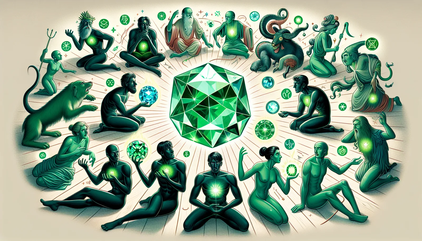 Illustration of astrological signs and emerald gemstone