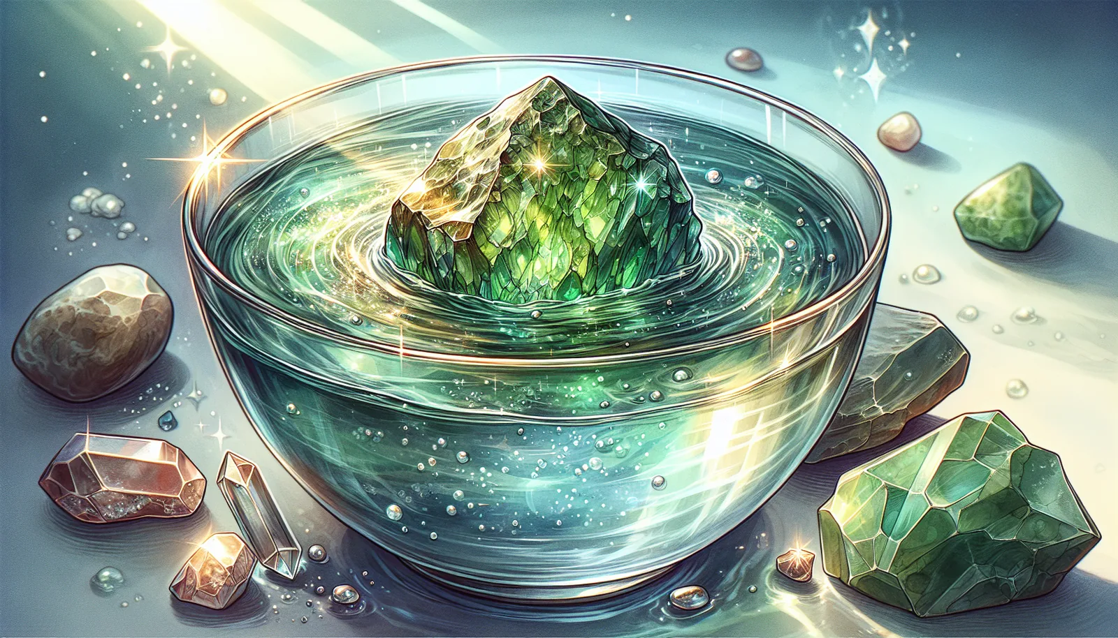 Moldavite submerged in cleansing water