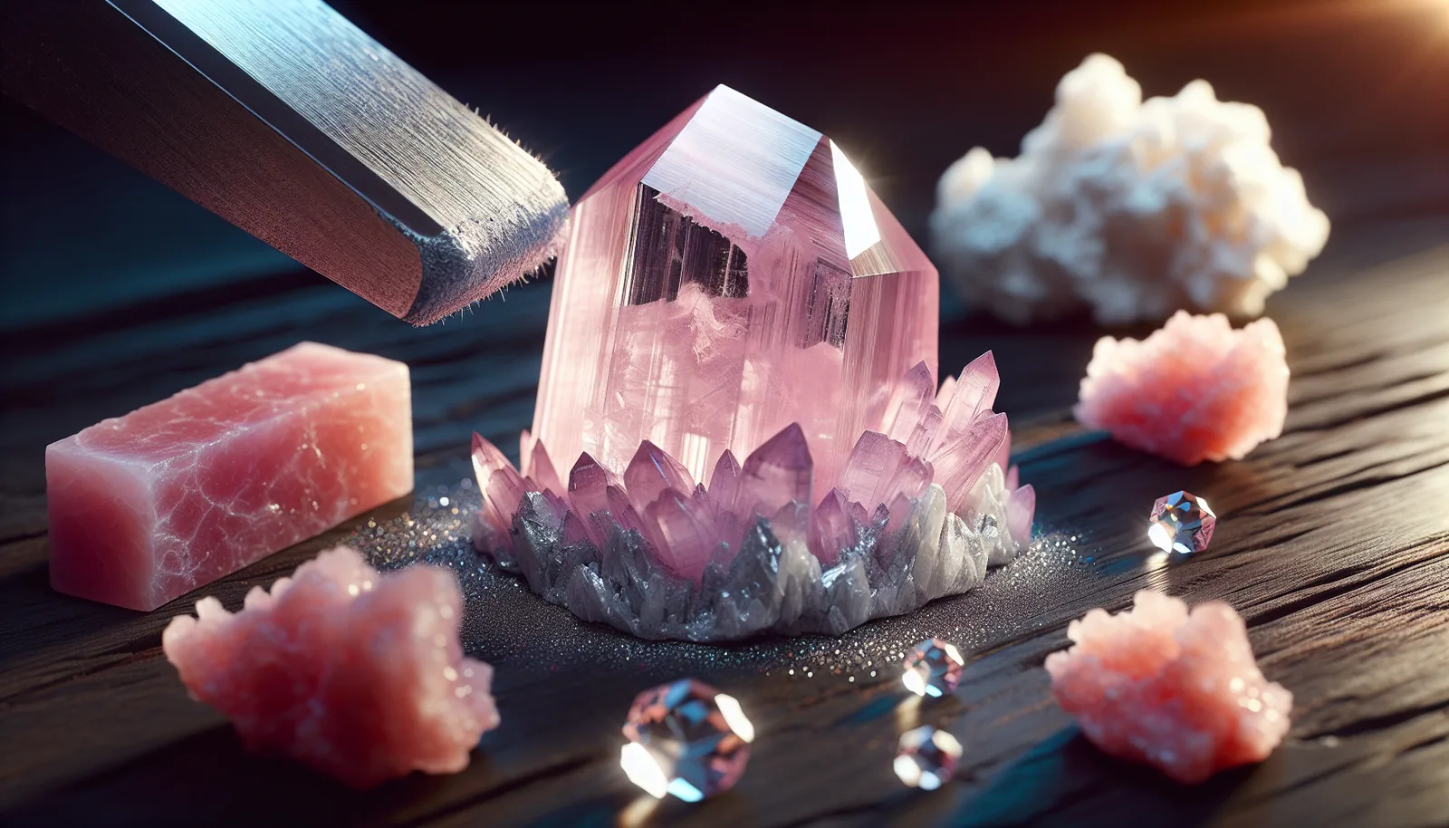 Rose quartz crystal with Mohs hardness scale