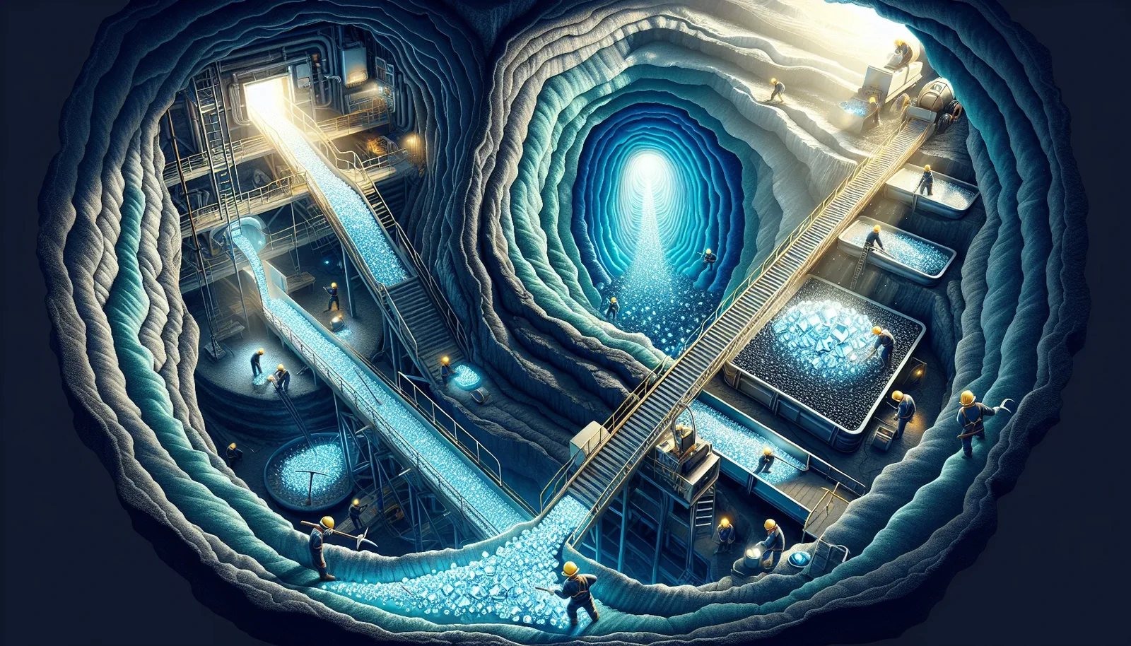 Illustration of diamond extraction process from kimberlite