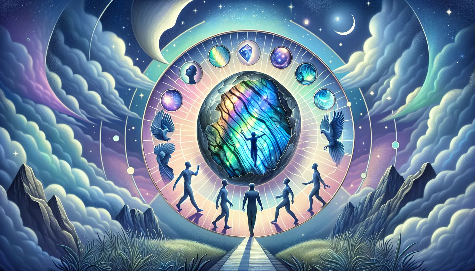 Illustration of emotional balance and creativity with labradorite