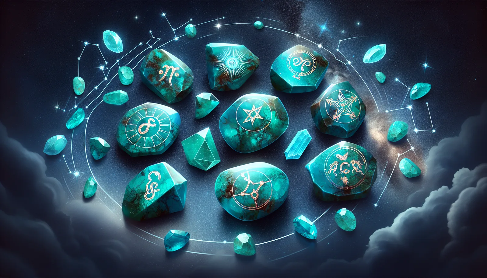 Illustration of Taurus, Gemini, Libra, Sagittarius, Aquarius, and Pisces symbols with turquoise stones to signify wearing turquoise stone