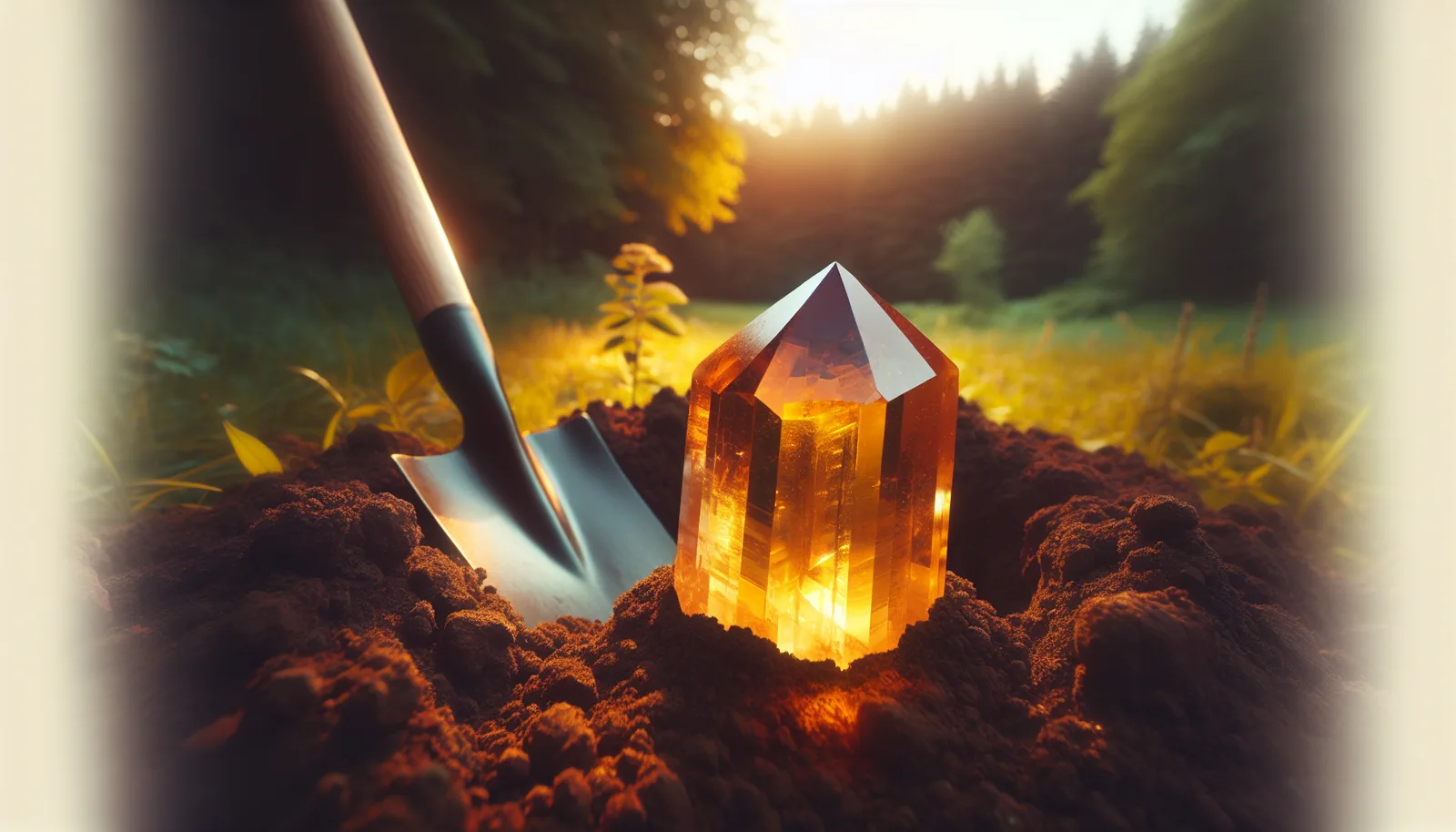 Citrine buried in soil for earth cleansing