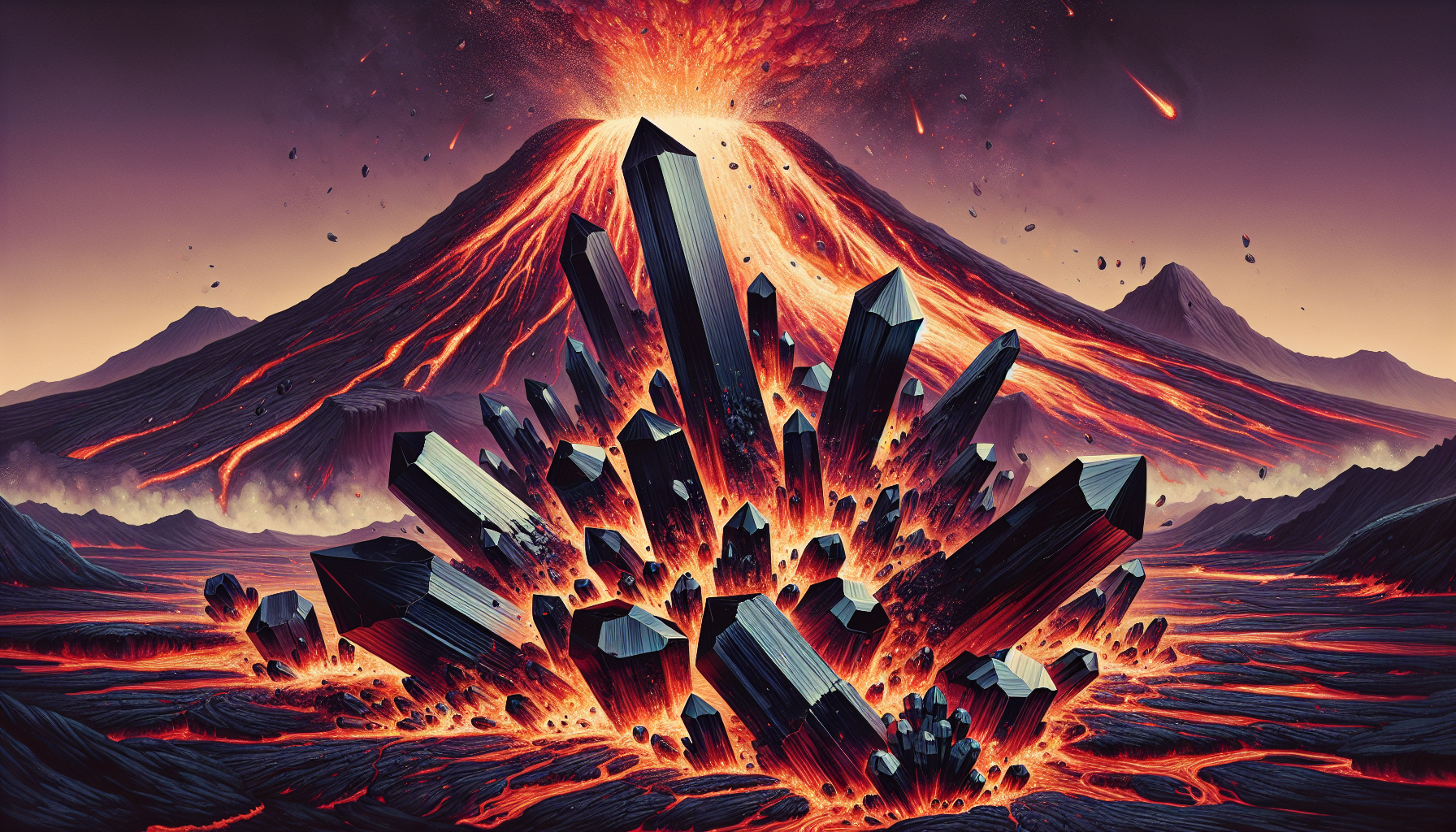 Volcanic eruption with molten lava and black tourmaline formation