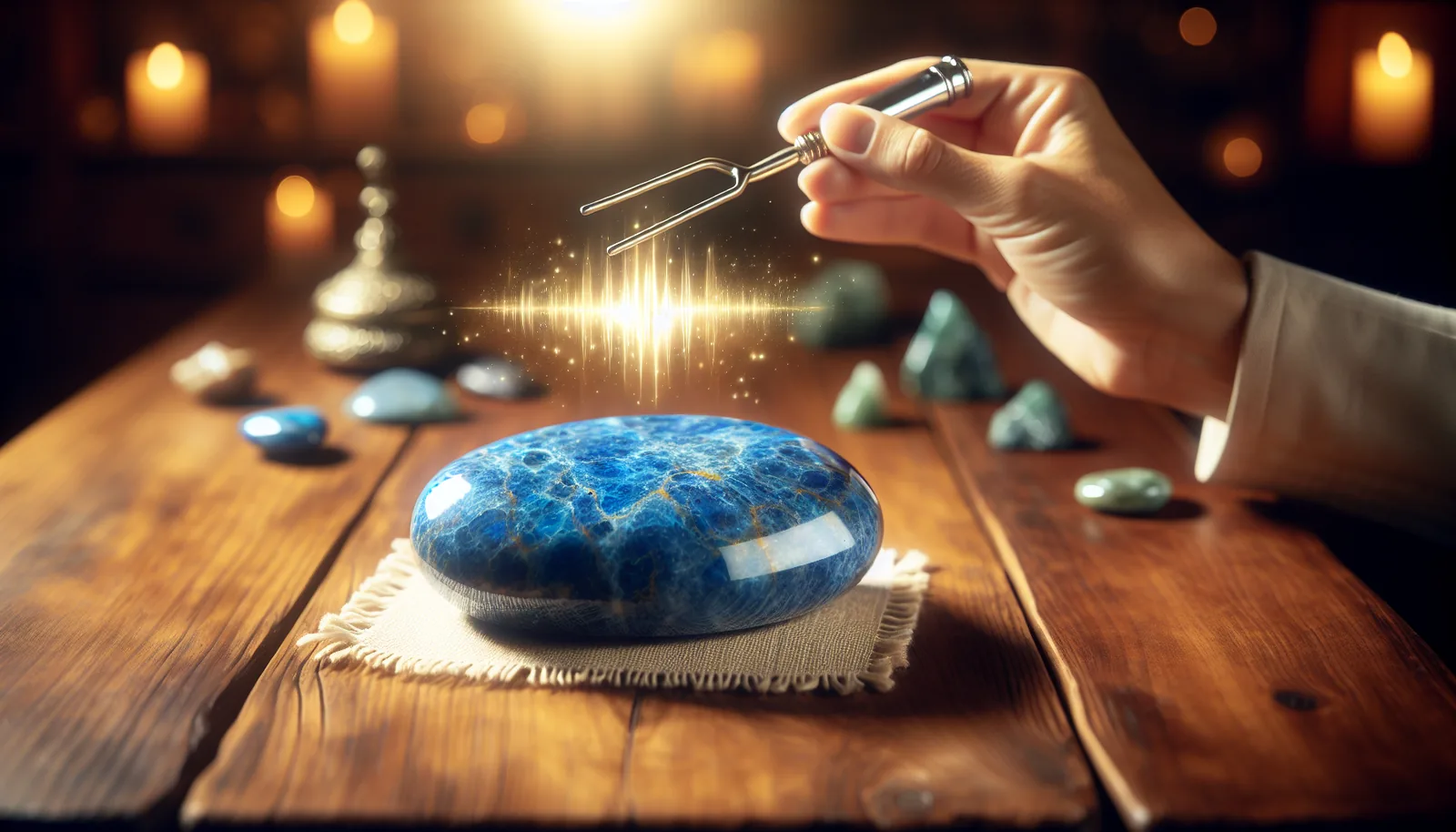 Cleansing lapis lazuli with a tuning fork