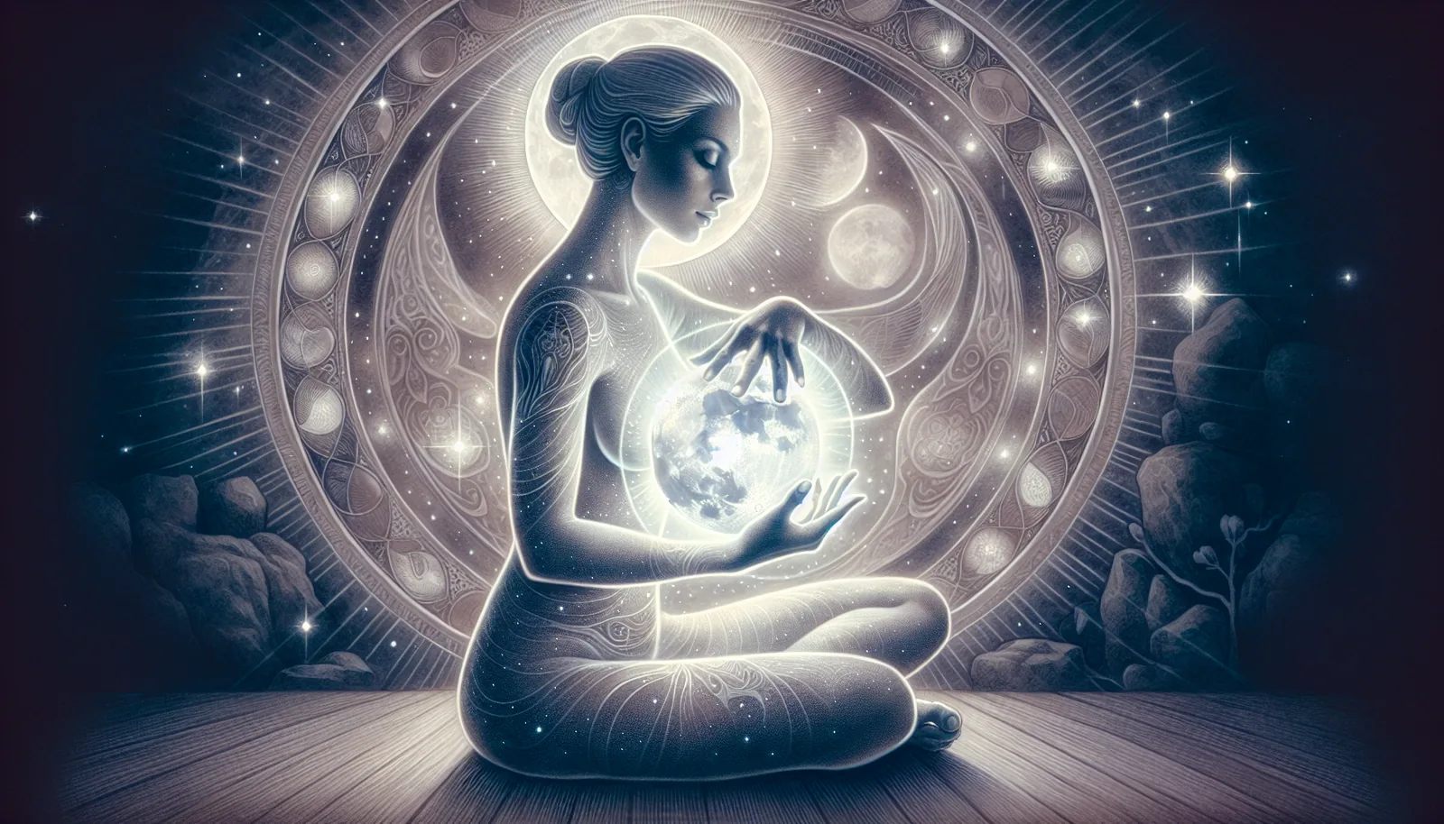 Illustration of a person meditating with moonstone in hand