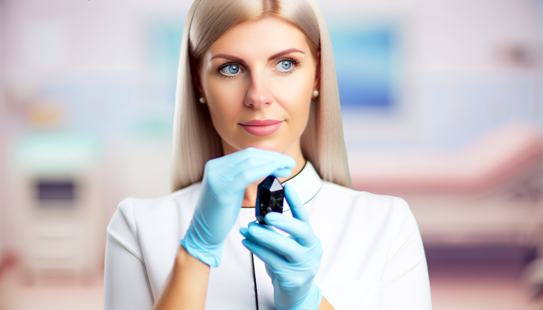 Black tourmaline crystal in a nurse's hand