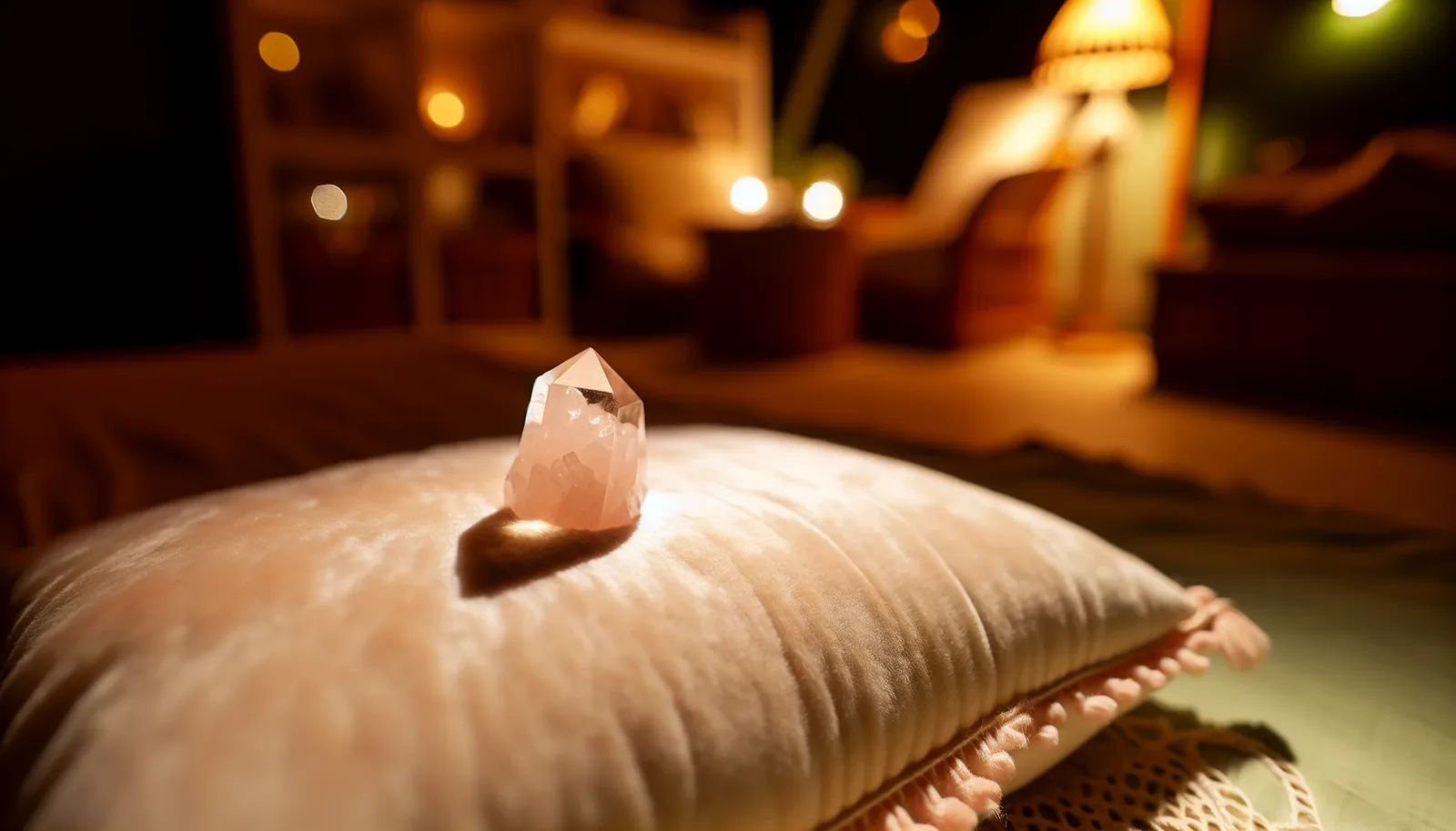 Nighttime scene with rose quartz and pillow