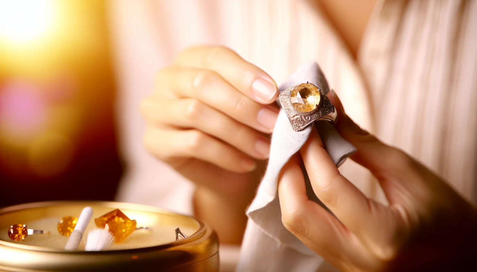 Citrine jewelry being cleaned with a soft cloth