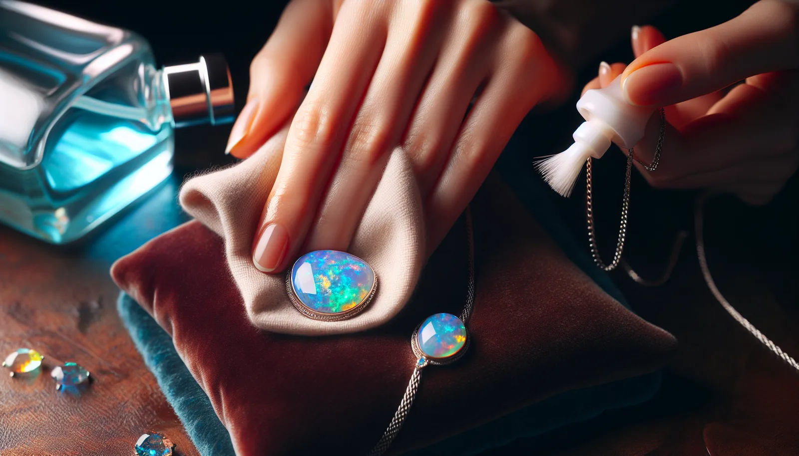 Opal jewelry being cleaned with a damp cloth