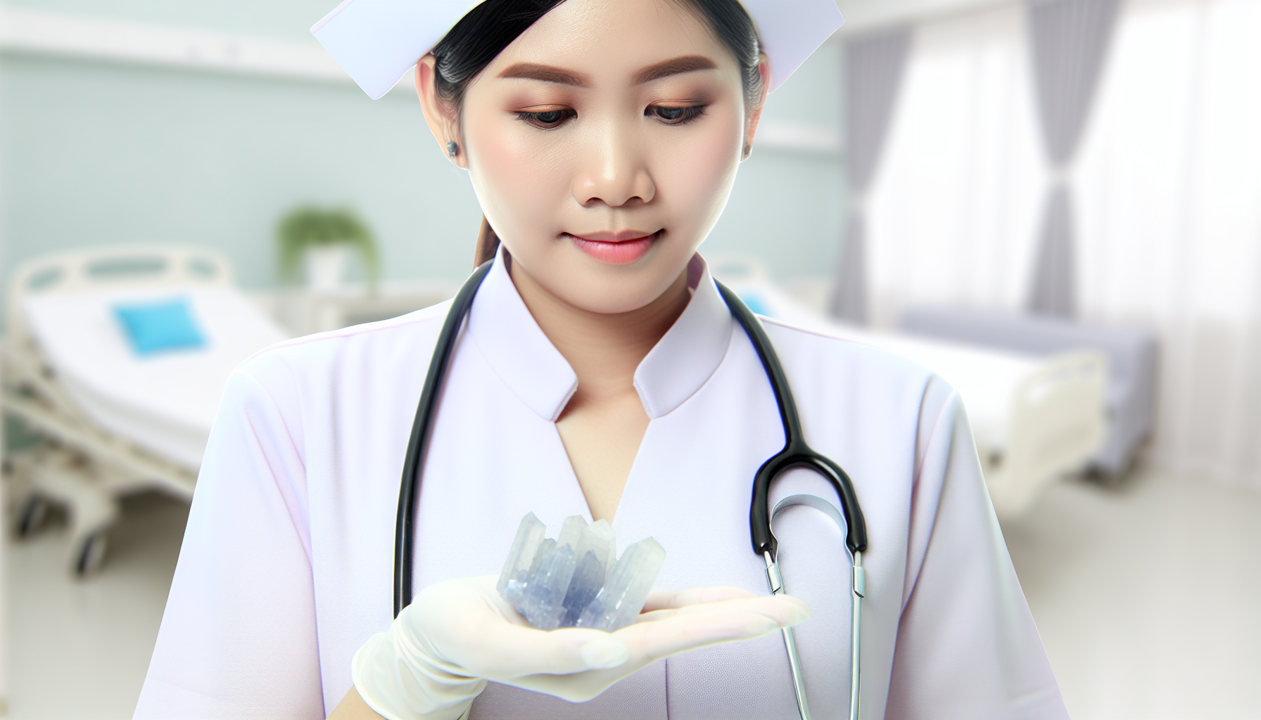 Angelite crystal on a nurse's palm