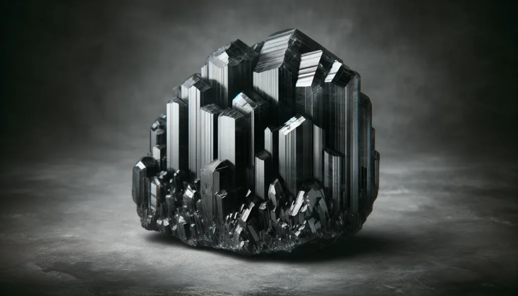 a black tourmaline crystal, characterized by its deep black color with a rough, striated surface