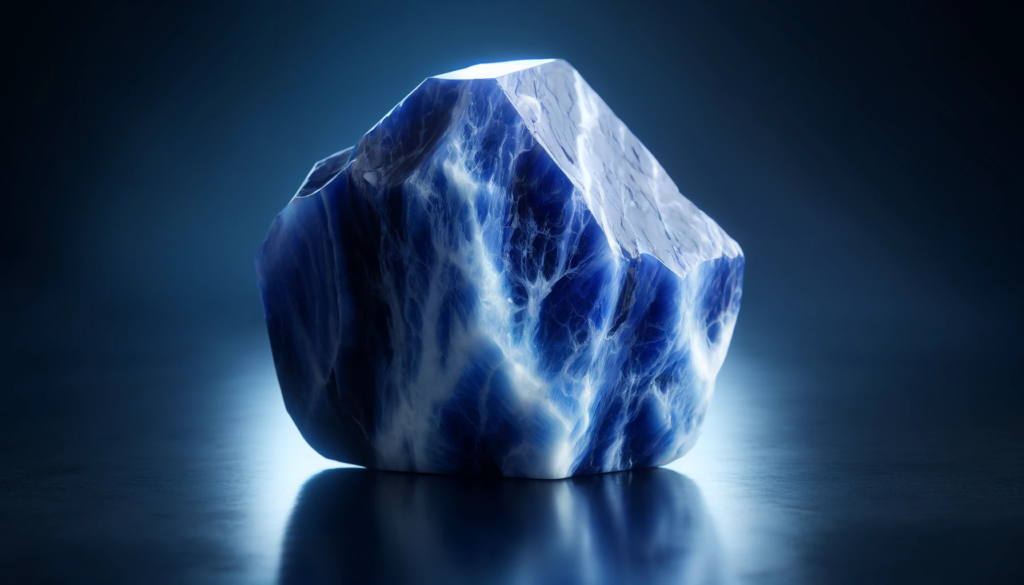 sodalite, showcasing its rich royal blue color with white veins