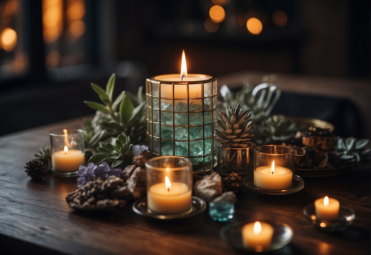 A table with various protection crystals arranged in a grid, surrounded by burning sage and a lit candle for cleansing and protection