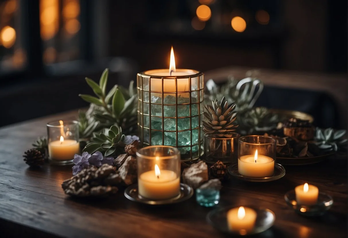 A table with various protection crystals arranged in a grid, surrounded by burning sage and a lit candle for cleansing and protection
