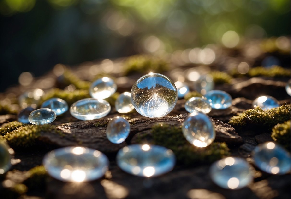 Shimmering crystals radiate energy for spiritual growth and protection, surrounded by soft light and natural elements