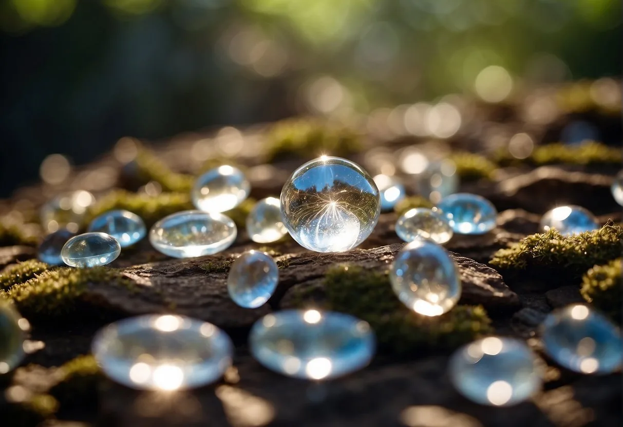 Shimmering crystals radiate energy for spiritual growth and protection, surrounded by soft light and natural elements