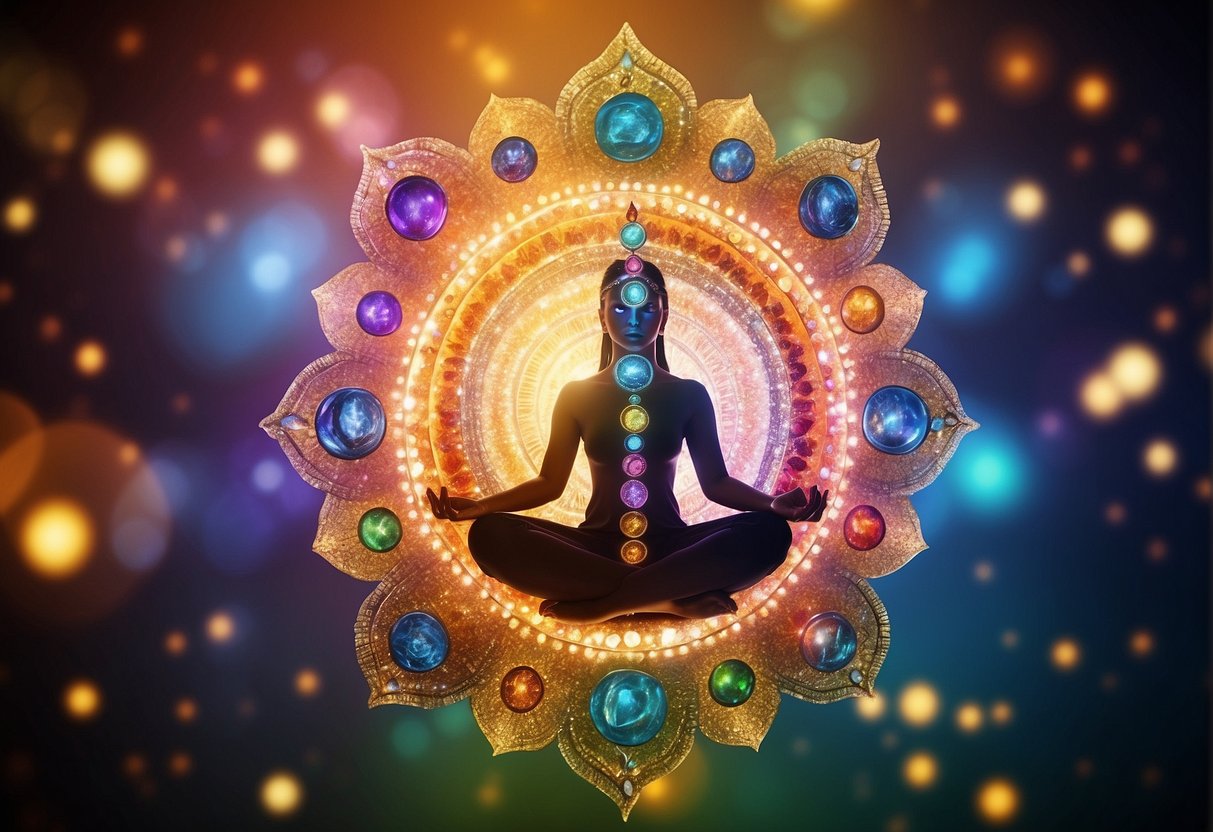 A circle of chakras surrounded by an array of protective crystals