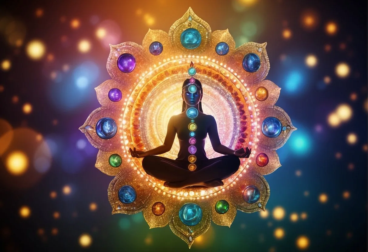 A circle of chakras surrounded by an array of protective crystals