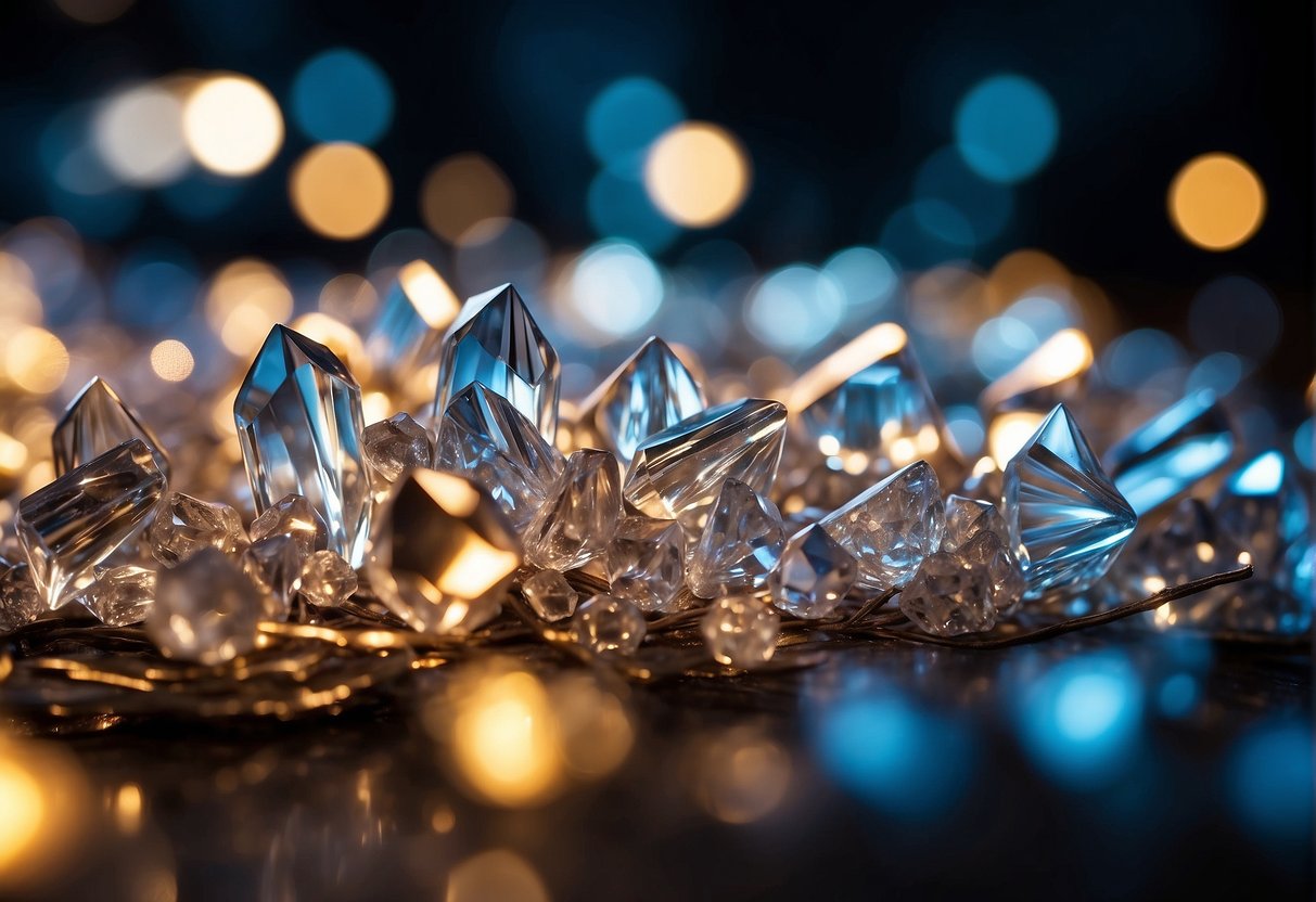 Shimmering crystals arranged in a calming display, casting soothing light and emitting peaceful energy