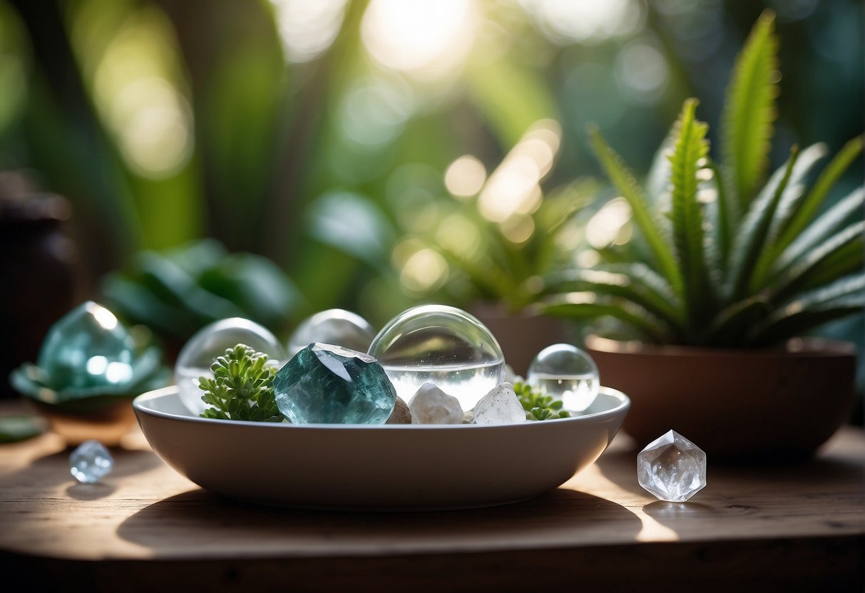 A serene setting with various crystals arranged on a table, surrounded by calming elements like plants and soft lighting