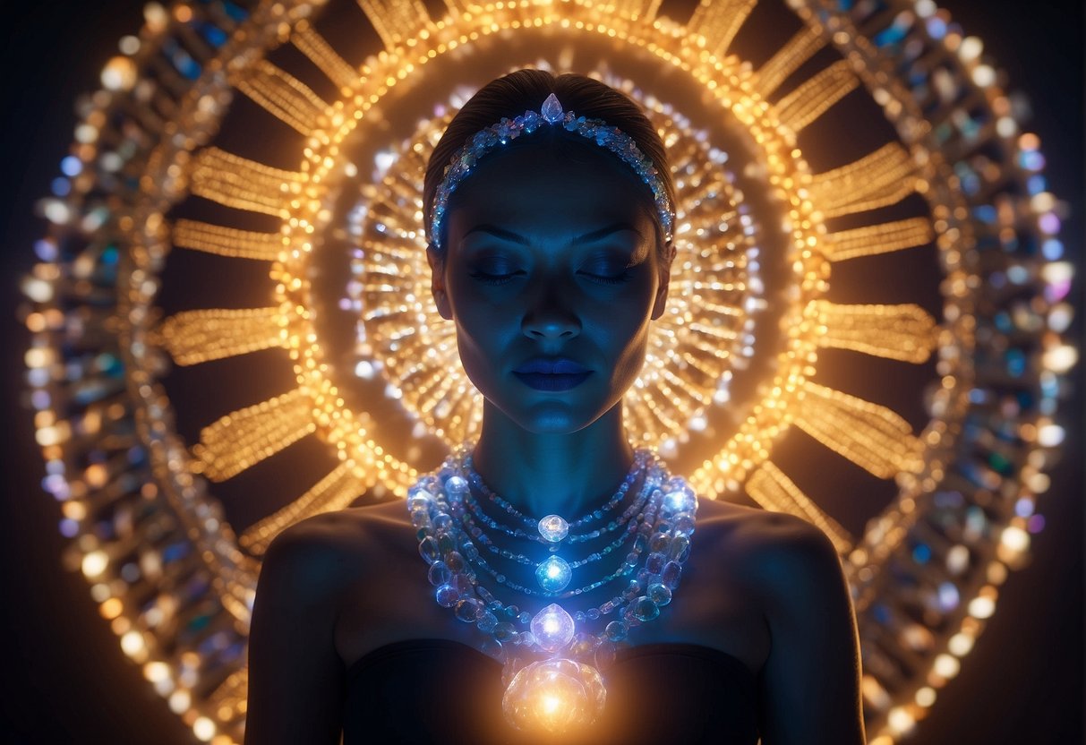 A serene figure surrounded by glowing chakras and anxiety crystals