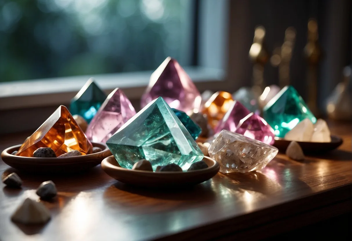 A collection of crystals arranged on a table, with a sign reading "Frequently Asked Questions crystals for anxiety" displayed prominently